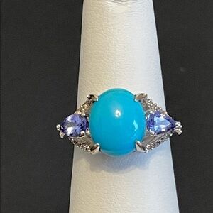 Sleeping Beauty Turquoise With Genuine Tanzanite And White Zircon Ring